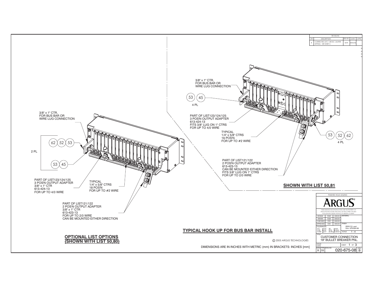 Customer connections, Optional list options (shown with list 50,80), Shown with list 50,81 | Typical hook up for bus bar install | Alpha Technologies Rear Access Bullet Breaker Panel, 19 User Manual | Page 19 / 26