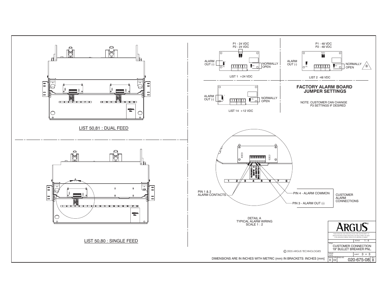 List 50,81 : dual feed, List 50,80 : single feed, Factory alarm board jumper settings | Alpha Technologies Rear Access Bullet Breaker Panel, 19 User Manual | Page 21 / 26