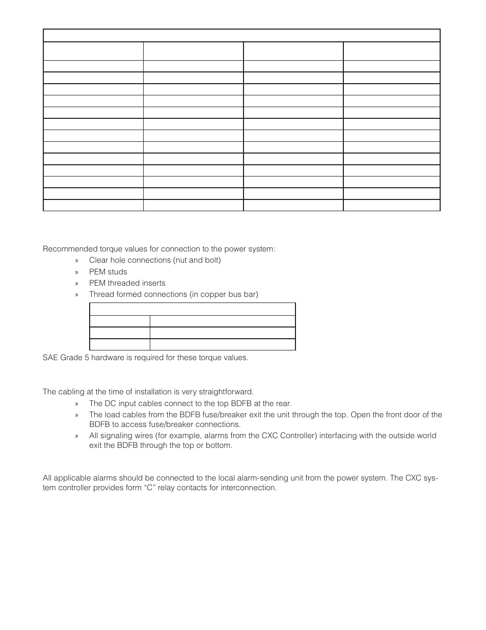 3 recommended torque values, 4 cabling layout, 5 alarms | Alpha Technologies CXDS-M 600_600-19 User Manual | Page 22 / 40