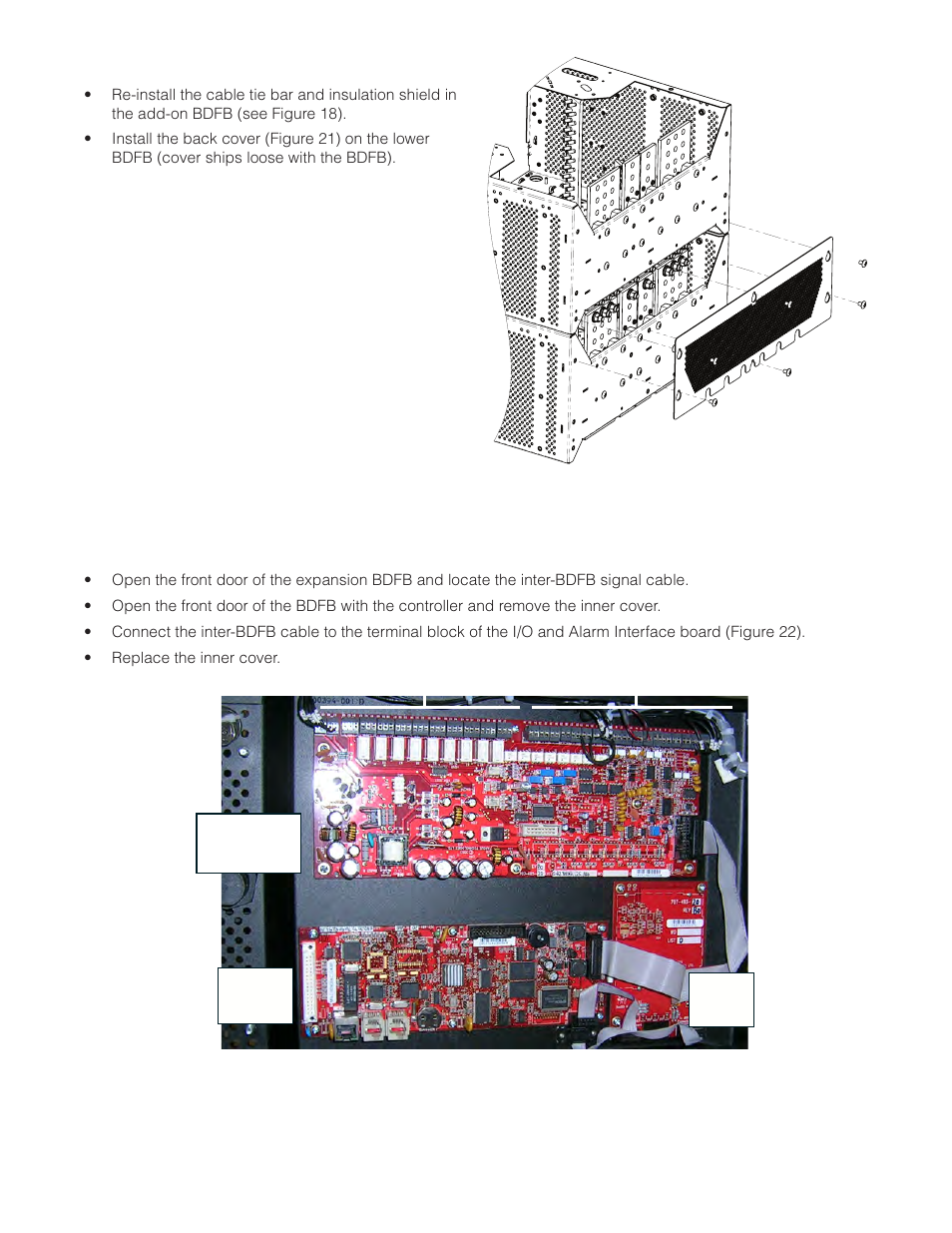 Figure 22 — i/o and alarm interface board, Figure 21 — bdfb back cover installation | Alpha Technologies CXDS-M 600_600-19 User Manual | Page 34 / 40