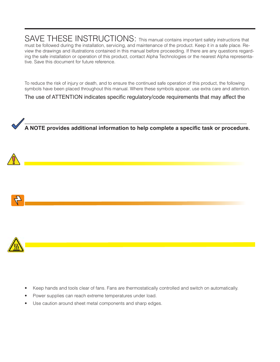 Safety, 1 safety symbols, 2 mechanical safety | Save these instructions | Alpha Technologies CXDS-M 600_600-19 User Manual | Page 6 / 40