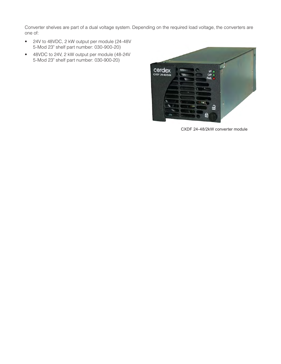 5 cordex converter shelves (dual voltage systems), Figure 2 — cxdf 24-48/2kw converter module | Alpha Technologies Cordex CXPS-M 48_24-1200_600A User Manual | Page 15 / 68