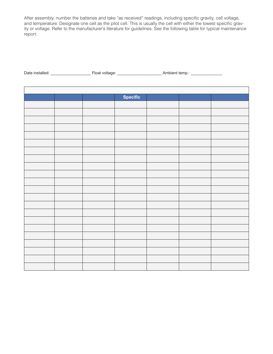 Table d — typical vrla battery maintenance report | Alpha Technologies Cordex CXPS-M 48_24-1200_600A User Manual | Page 38 / 68