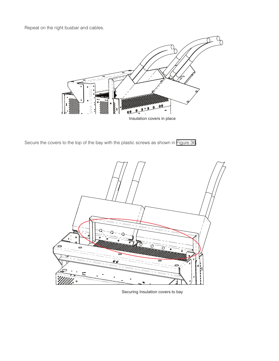 Figure 35 — insulation covers in place, Figure 36 — securing insulation covers to bay, Figure 35) | Alpha Technologies Cordex CXPS-M 48_24-1200_600A User Manual | Page 51 / 68