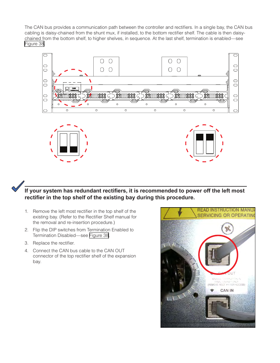 4 adding rectifier shelves, Figure 38 — can bus termination, Figure 39 — can out connection | Alpha Technologies Cordex CXPS-M 48_24-1200_600A User Manual | Page 56 / 68
