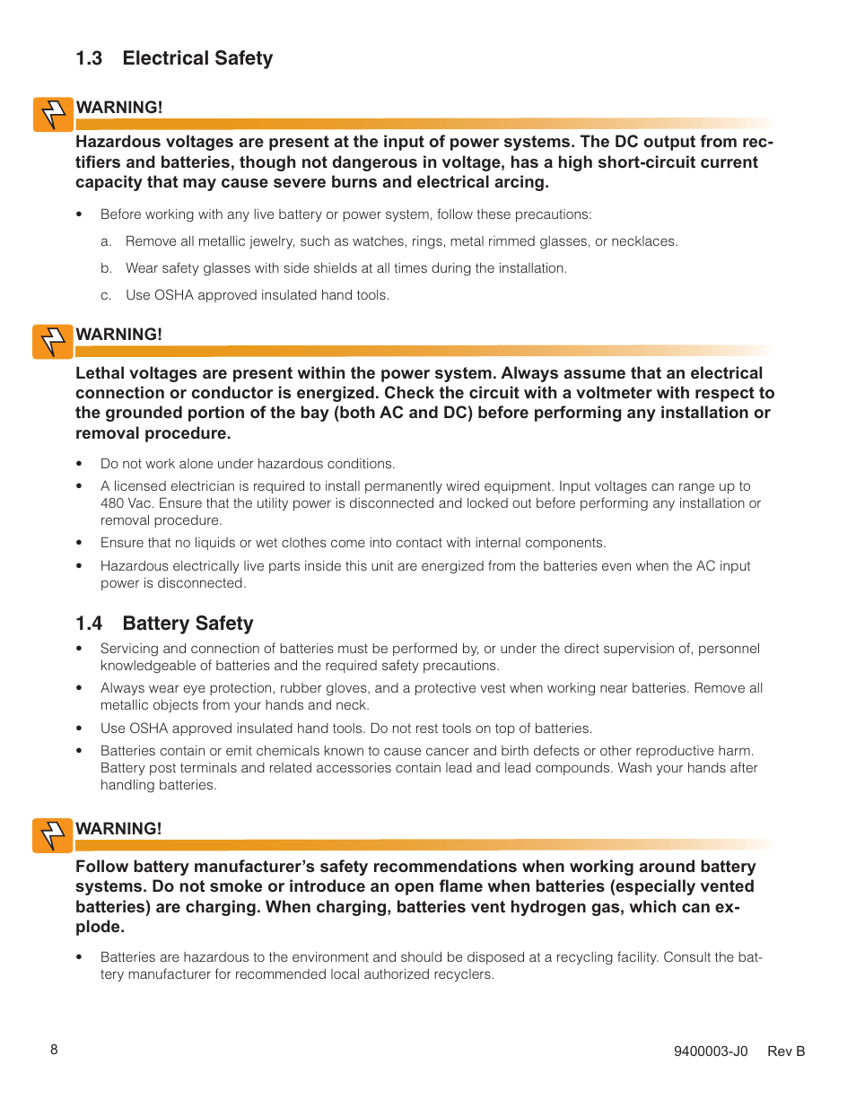 3 electrical safety, 4 battery safety | Alpha Technologies Cordex CXPS-D 48-2500_5000A User Manual | Page 10 / 64
