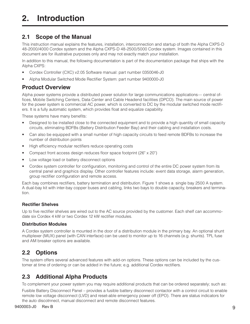 Introduction, 1 scope of the manual, Product overview | 2 options, 3 additional alpha products | Alpha Technologies Cordex CXPS-D 48-2500_5000A User Manual | Page 11 / 64
