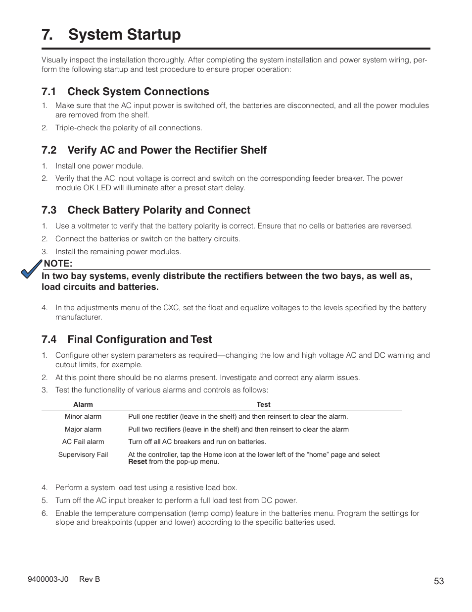System startup, 1 check system connections, 2 verify ac and power the rectiﬁer shelf | 3 check battery polarity and connect, 4 final conﬁguration and test | Alpha Technologies Cordex CXPS-D 48-2500_5000A User Manual | Page 55 / 64