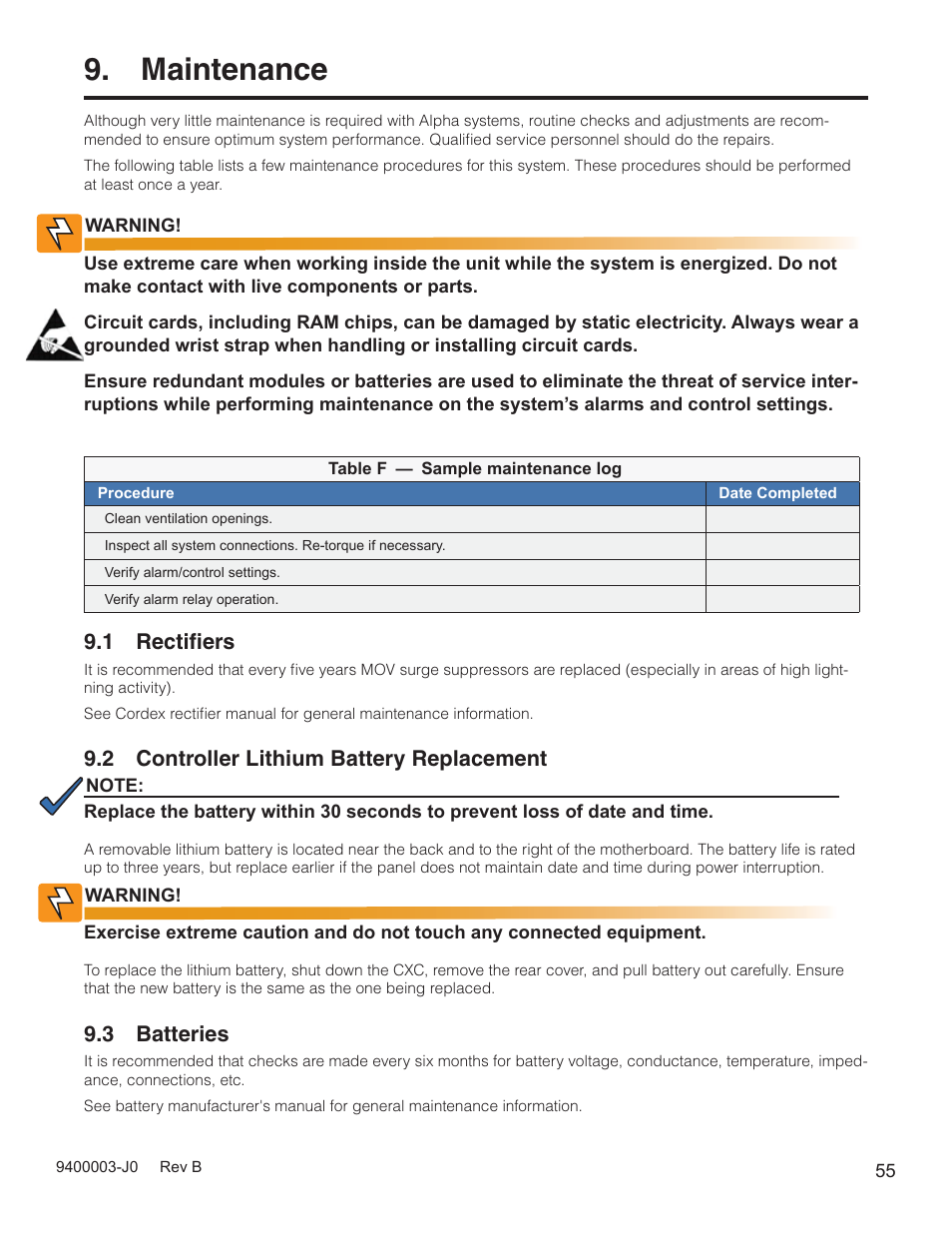 Maintenance, 1 rectiﬁers, 2 controller lithium battery replacement | 3 batteries | Alpha Technologies Cordex CXPS-D 48-2500_5000A User Manual | Page 57 / 64