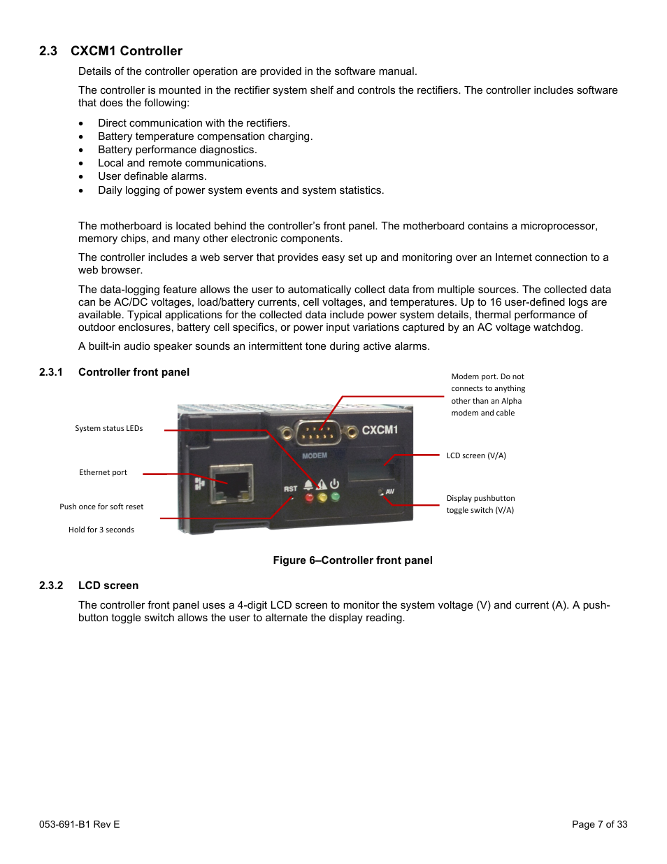 3 cxcm1 controller, 1 controller front panel, 2 lcd screen | Cxcm1 controller, Figure 6–controller front panel | Alpha Technologies CXPS 48-1.2-225 48 Vdc User Manual | Page 15 / 52