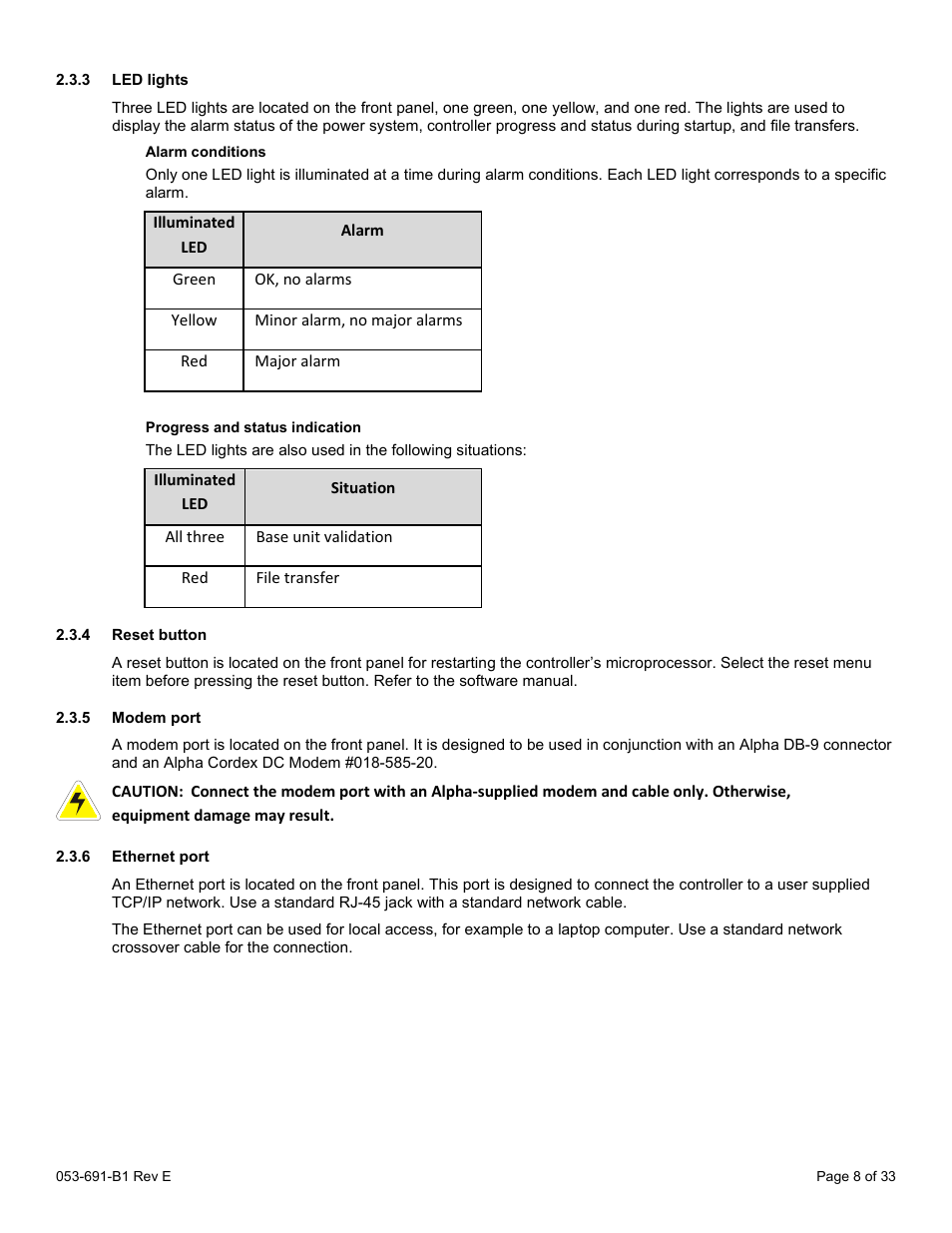 3 led lights, Alarm conditions, Progress and status indication | 4 reset button, 5 modem port, 6 ethernet port | Alpha Technologies CXPS 48-1.2-225 48 Vdc User Manual | Page 16 / 52