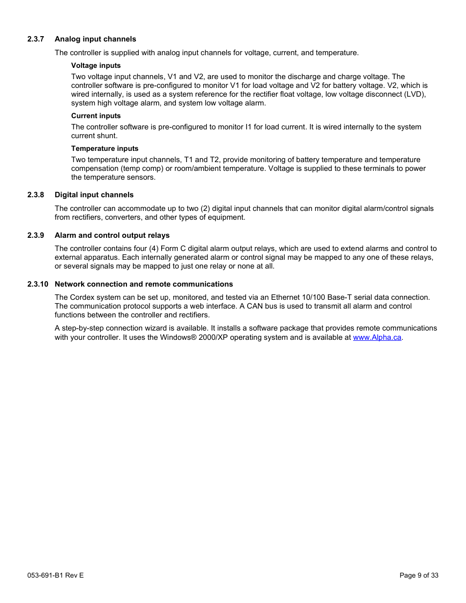 7 analog input channels, Voltage inputs, Current inputs | Temperature inputs, 8 digital input channels, 9 alarm and control output relays, 10 network connection and remote communications | Alpha Technologies CXPS 48-1.2-225 48 Vdc User Manual | Page 17 / 52