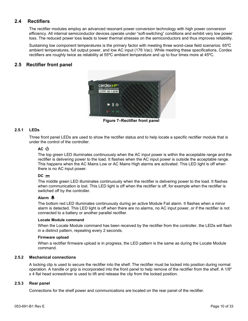 4 rectifiers, 5 rectifier front panel, 1 leds | Alarm, Locate module command, Firmware upload, 2 mechanical connections, 3 rear panel, Rectifiers, Rectifier front panel | Alpha Technologies CXPS 48-1.2-225 48 Vdc User Manual | Page 18 / 52
