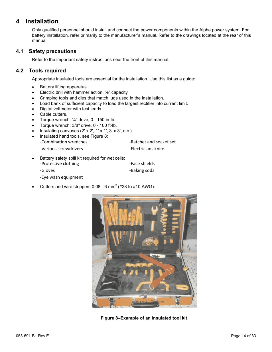 4 installation, 1 safety precautions, 2 tools required | Nstallation, Safety precautions, Tools required, Figure 8–example of an insulated tool kit | Alpha Technologies CXPS 48-1.2-225 48 Vdc User Manual | Page 22 / 52