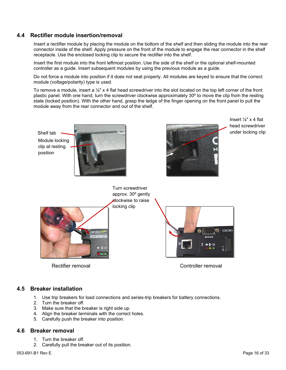 4 rectifier module insertion/removal, 5 breaker installation, 6 breaker removal | Rectifier module insertion/removal, Breaker installation, Breaker removal | Alpha Technologies CXPS 48-1.2-225 48 Vdc User Manual | Page 24 / 52