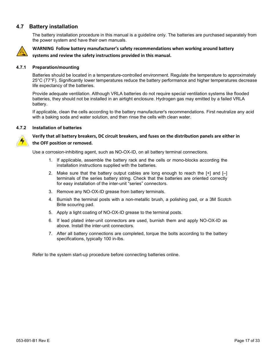 7 battery installation, 1 preparation/mounting, 2 installation of batteries | Battery installation | Alpha Technologies CXPS 48-1.2-225 48 Vdc User Manual | Page 25 / 52
