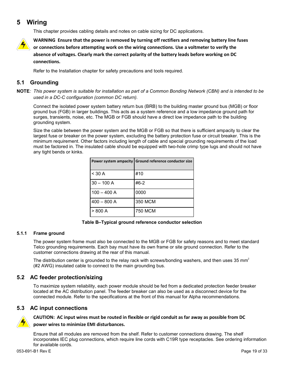 5 wiring, 1 grounding, 1 frame ground | 2 ac feeder protection/sizing, 3 ac input connections, Iring, Grounding, Ac feeder protection/sizing, Ac input connections | Alpha Technologies CXPS 48-1.2-225 48 Vdc User Manual | Page 27 / 52