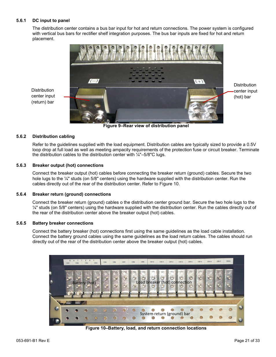 1 dc input to panel, 2 distribution cabling, 3 breaker output (hot) connections | 4 breaker return (ground) connections, 5 battery breaker connections, Figure 9–rear view of distribution panel | Alpha Technologies CXPS 48-1.2-225 48 Vdc User Manual | Page 29 / 52