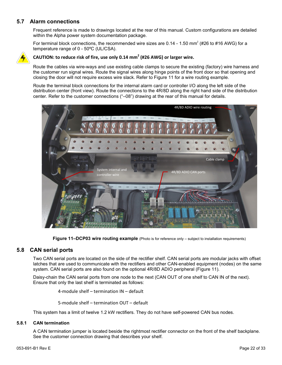 7 alarm connections, 8 can serial ports, 1 can termination | Alarm connections, Can serial ports, Figure 11–dcp03 wire routing example | Alpha Technologies CXPS 48-1.2-225 48 Vdc User Manual | Page 30 / 52
