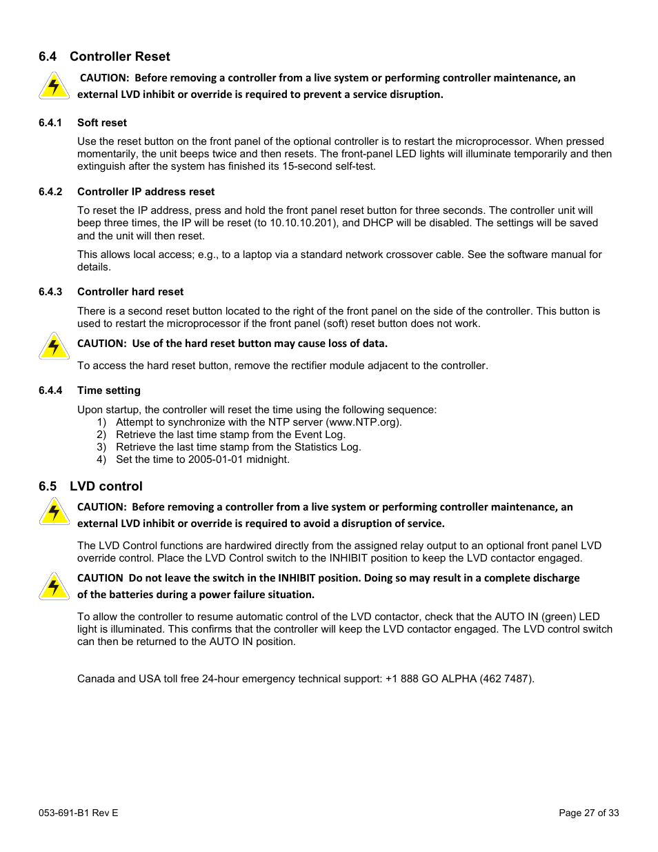4 controller reset, 1 soft reset, 2 controller ip address reset | 3 controller hard reset, 4 time setting, 5 lvd control, Controller reset, Lvd control | Alpha Technologies CXPS 48-1.2-225 48 Vdc User Manual | Page 35 / 52
