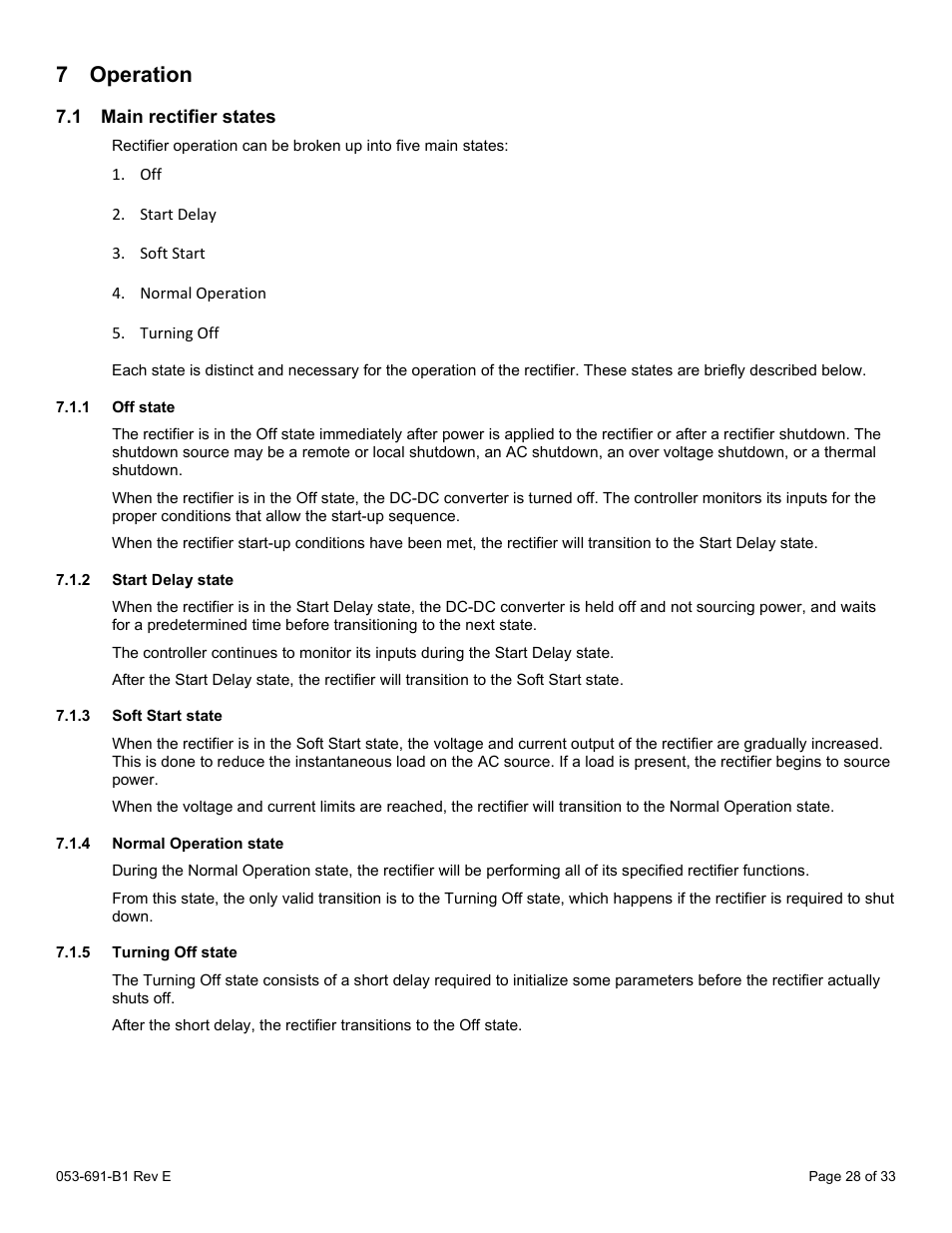 7 operation, 1 main rectifier states, 1 off state | 2 start delay state, 3 soft start state, 4 normal operation state, 5 turning off state, Peration, Main rectifier states | Alpha Technologies CXPS 48-1.2-225 48 Vdc User Manual | Page 36 / 52