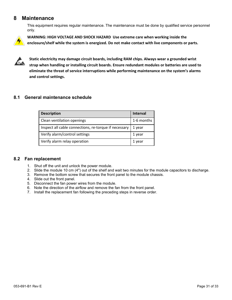 8 maintenance, 1 general maintenance schedule, 2 fan replacement | Aintenance, General maintenance schedule, Fan replacement | Alpha Technologies CXPS 48-1.2-225 48 Vdc User Manual | Page 39 / 52