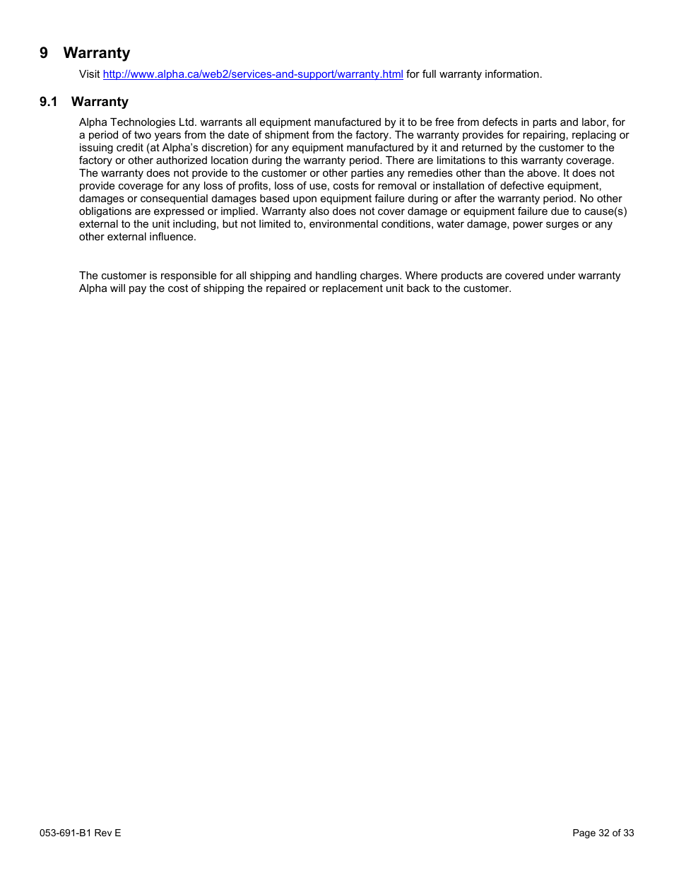 9 warranty, 1 warranty, Arranty | Warranty | Alpha Technologies CXPS 48-1.2-225 48 Vdc User Manual | Page 40 / 52
