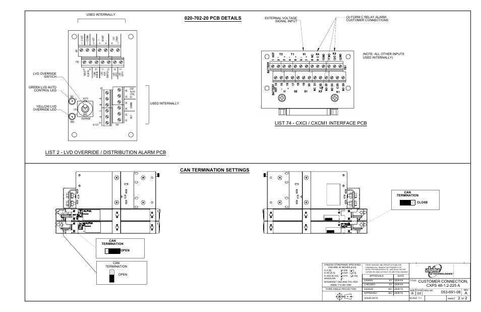 Sheet2, Drawing view10, Drawing view11 | List 2 - lvd override / distribution alarm pcb, List 74 - cxci / cxcm1 interface pcb | Alpha Technologies CXPS 48-1.2-225 48 Vdc User Manual | Page 43 / 52
