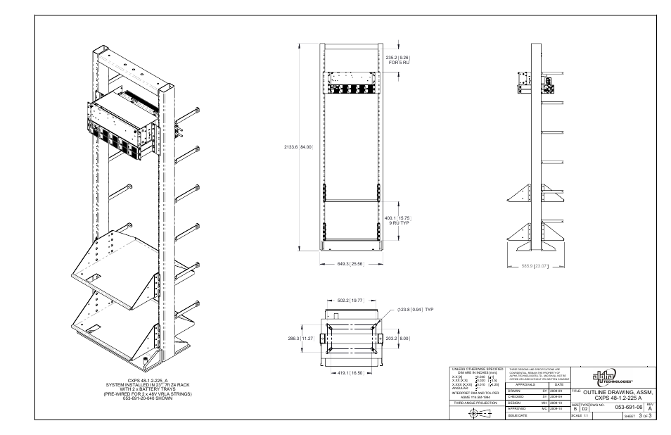 23" rack, Drawing view8, Drawing view11 | Drawing view12, Drawing view13 | Alpha Technologies CXPS 48-1.2-225 48 Vdc User Manual | Page 46 / 52