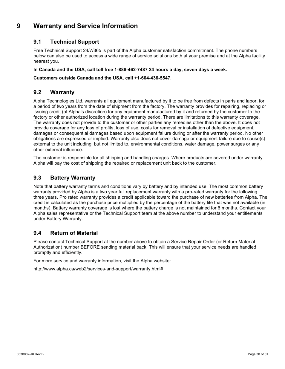 9warranty and service information | Alpha Technologies CXPS-HD 48-1.2-225 User Manual | Page 38 / 60