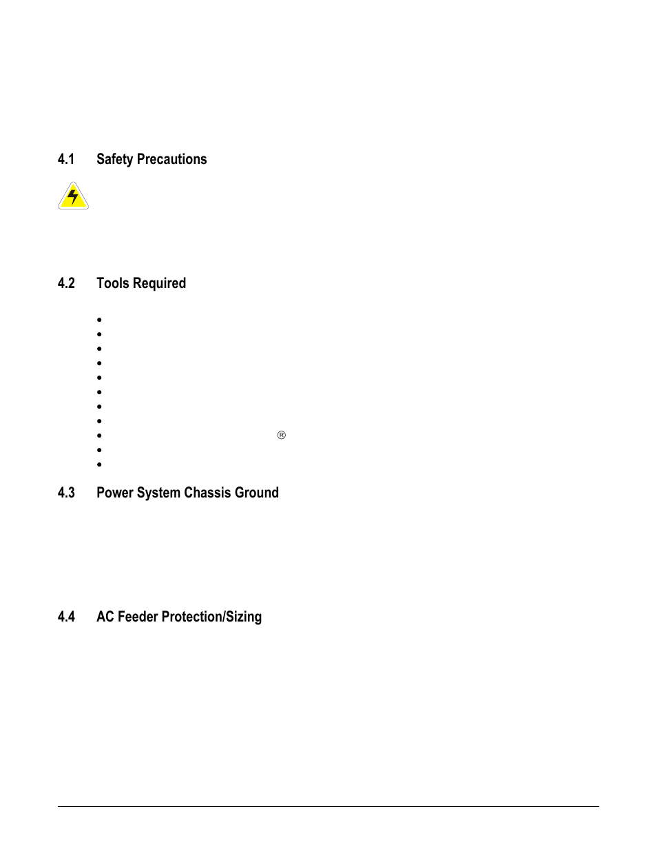 Iring and, Onnections, Safety precautions | Tools required, 1 safety precautions, 2 tools required, 3 power system chassis ground, 4 ac feeder protection/sizing | Alpha Technologies Cordex 48-1kW 23 4000W User Manual | Page 11 / 44