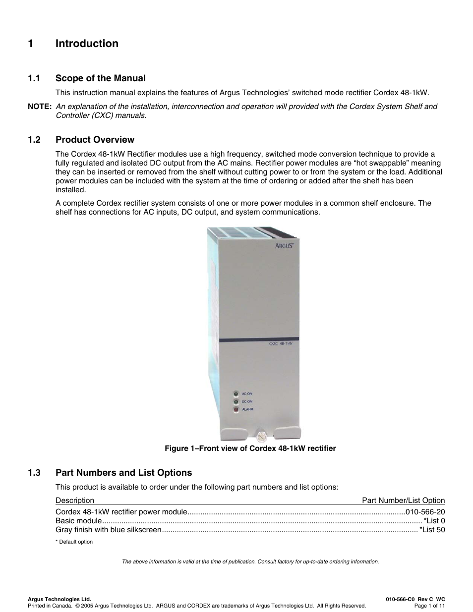 Ntroduction, Scope of the manual, Product overview | Part numbers and list options, 1 introduction | Alpha Technologies Cordex 48-1kW 23 4000W User Manual | Page 23 / 44