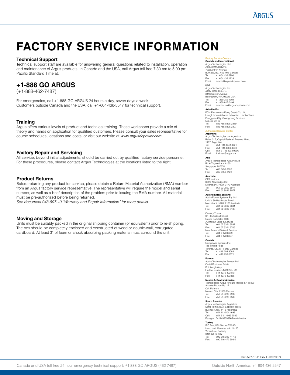Factory service information, 888 go argus, Technical support | Training, Factory repair and servicing, Product returns, Moving and storage | Alpha Technologies Cordex 48-1kW 23 4000W User Manual | Page 44 / 44