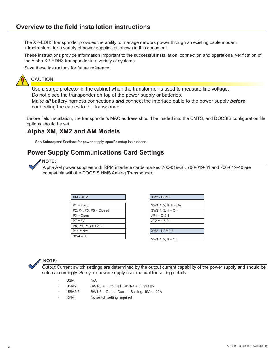Alpha xm, xm2 and am models, Power supply communications card settings, Overview to the field installation instructions | Alpha Technologies XP-EDH3 User Manual | Page 2 / 8