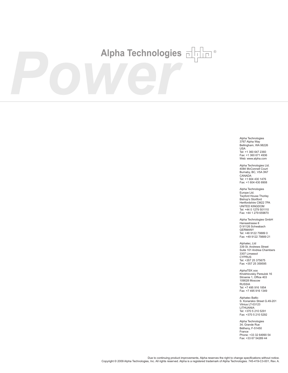 Power, Alpha technologies | Alpha Technologies XP-EDH3 User Manual | Page 8 / 8