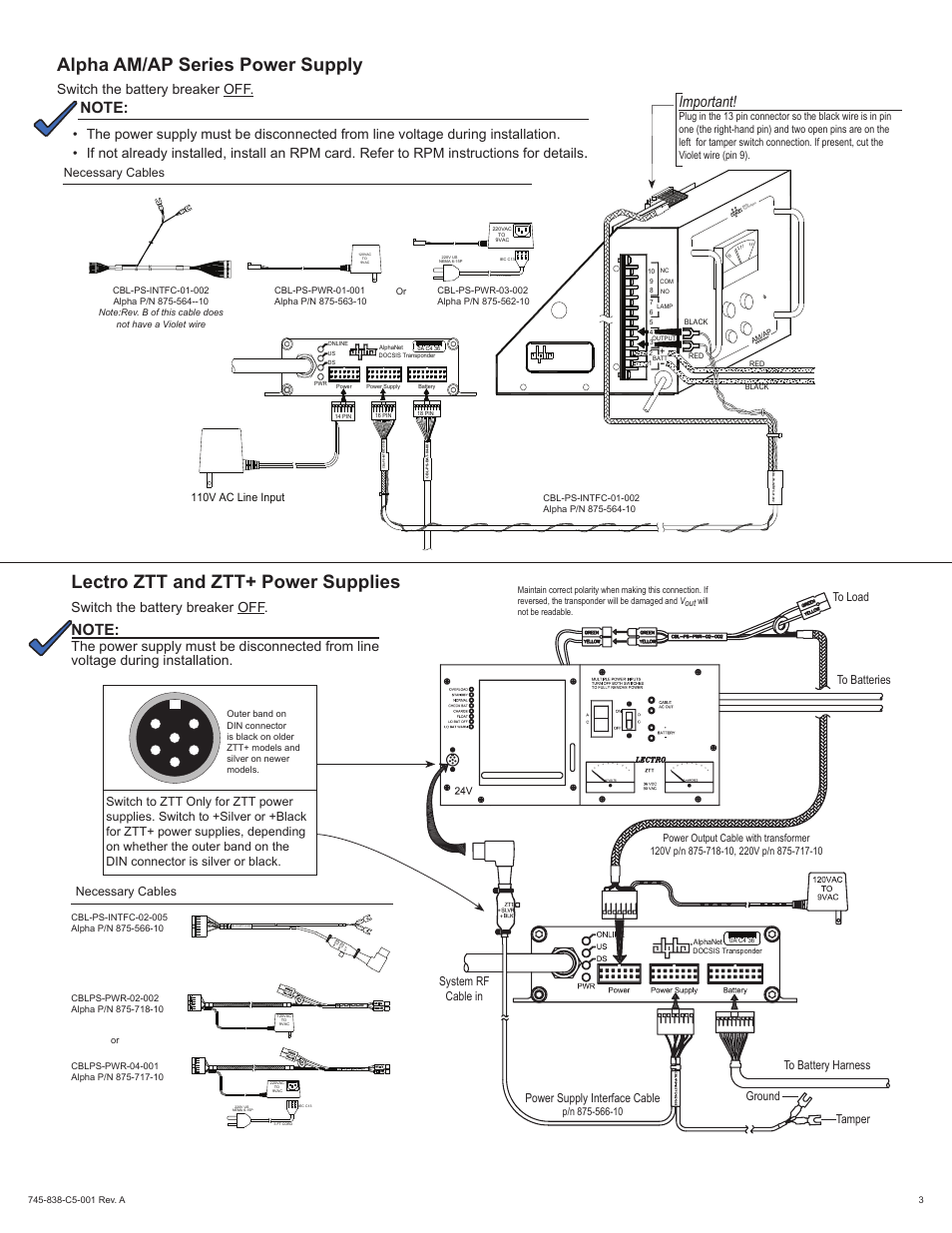 Alpha am/ap series power supply, Lectro ztt and ztt+ power supplies, Important | Switch the battery breaker off, Gro und tampe r, Necessary cables, 110v ac line input | Alpha Technologies XP-EDH-A2 User Manual | Page 3 / 4