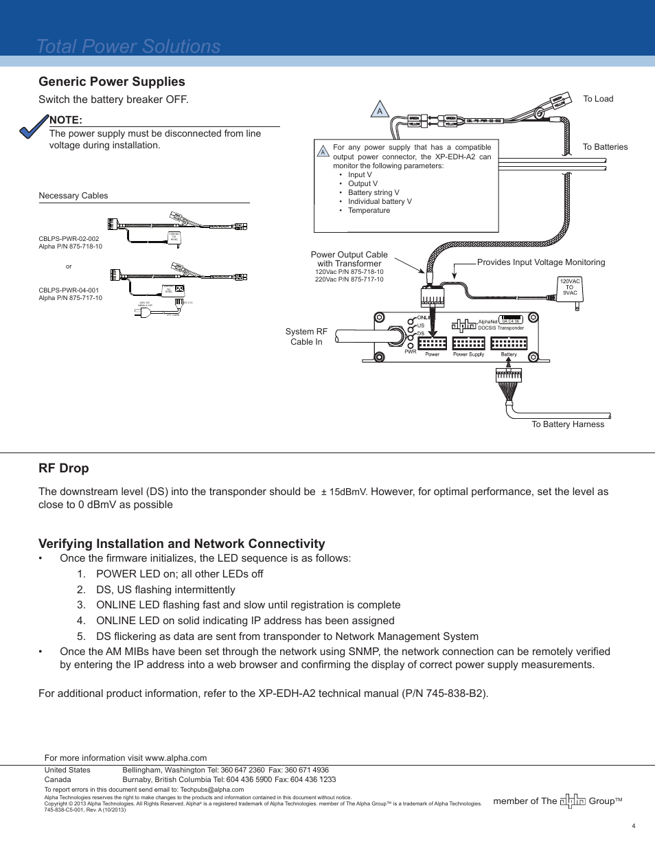 Total power solutions, Rf drop, Verifying installation and network connectivity | Generic power supplies, Switch the battery breaker off, 15dbmv | Alpha Technologies XP-EDH-A2 User Manual | Page 4 / 4