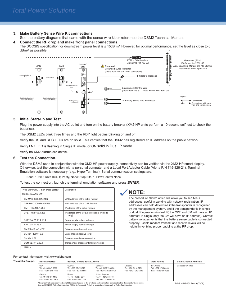 Total power solutions, Initial start-up and test, Solid in dual ip mode | Test the connection, Verify no xm2 alarms are active | Alpha Technologies DSM2 User Manual | Page 2 / 2