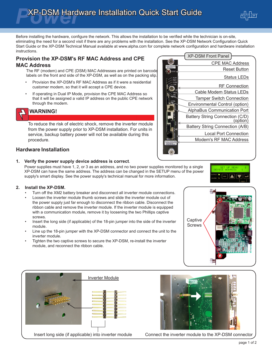 Alpha Technologies XP-DSM Front Panel User Manual | 2 pages