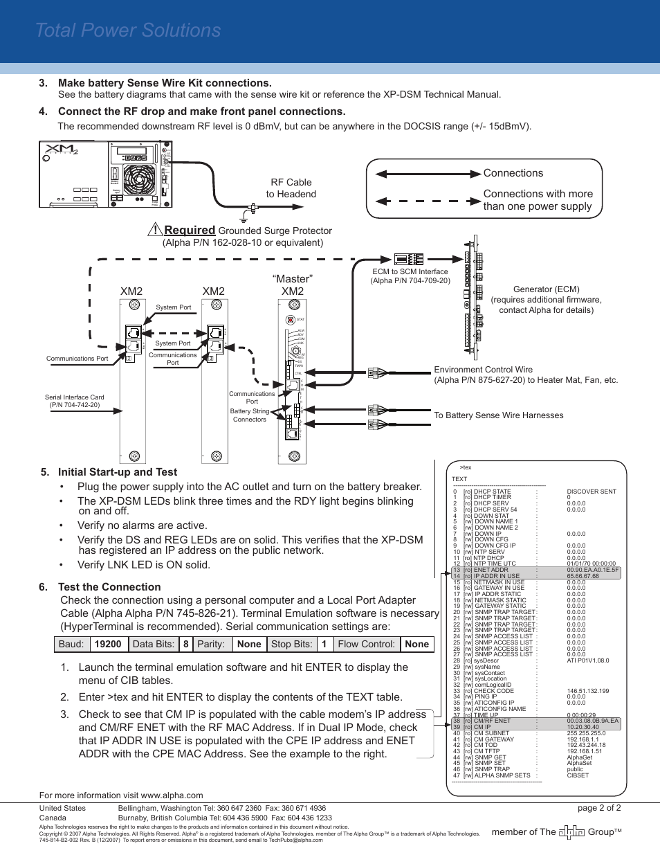 Total power solutions, Required, Xm2 “master” xm2 | Make battery sense wire kit connections, Test the connection, Rf cable to headend, Member of the group | Alpha Technologies XP-DSM Front Panel User Manual | Page 2 / 2