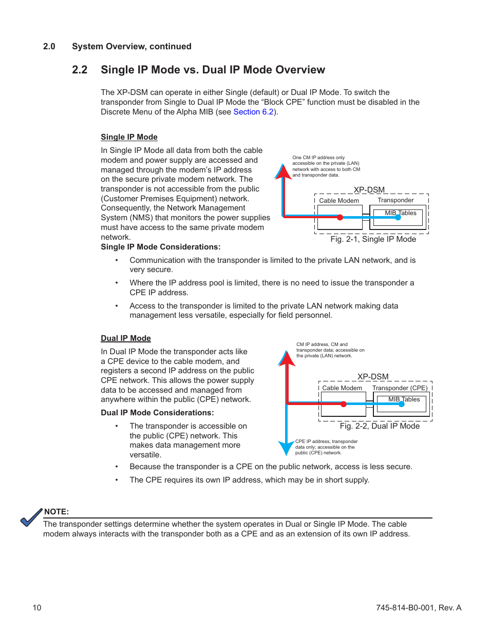 2 single ip mode vs. dual ip mode overview, Fig. 2-1, single ip mode, Fig. 2-2, dual ip mode | Single ip mode vs. dual ip mode overview, Fig. 2-1, single ip mode fig. 2-2, dual ip mode, Section 2.2 | Alpha Technologies AlphaNet DSM Series DOCSIS User Manual | Page 10 / 63