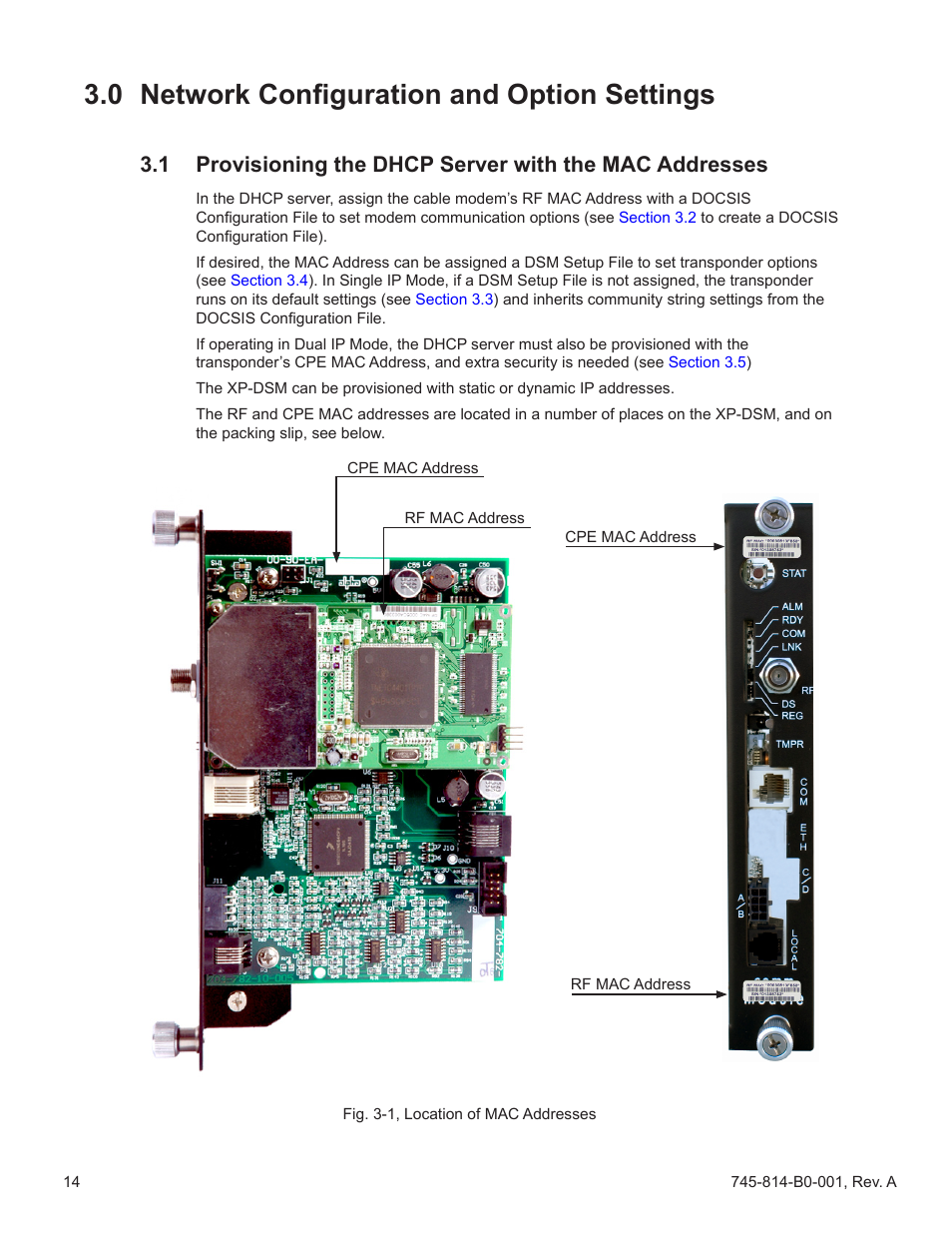 0 network configuration and option settings, Fig. 3-1, location of mac addresses, Network configuration and option settings 3.1 | Section 3.1, Section 3.0 | Alpha Technologies AlphaNet DSM Series DOCSIS User Manual | Page 14 / 63