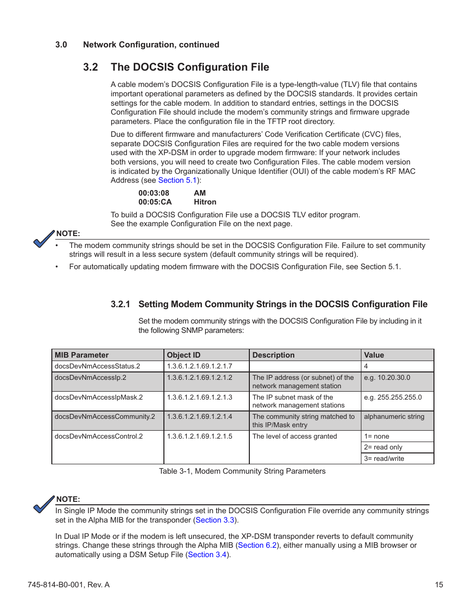 2 the docsis configuration file, Table 3-1, modem community string parameters, Section 3.2 | Sections 3.2, Which sets modem options (see | Alpha Technologies AlphaNet DSM Series DOCSIS User Manual | Page 15 / 63