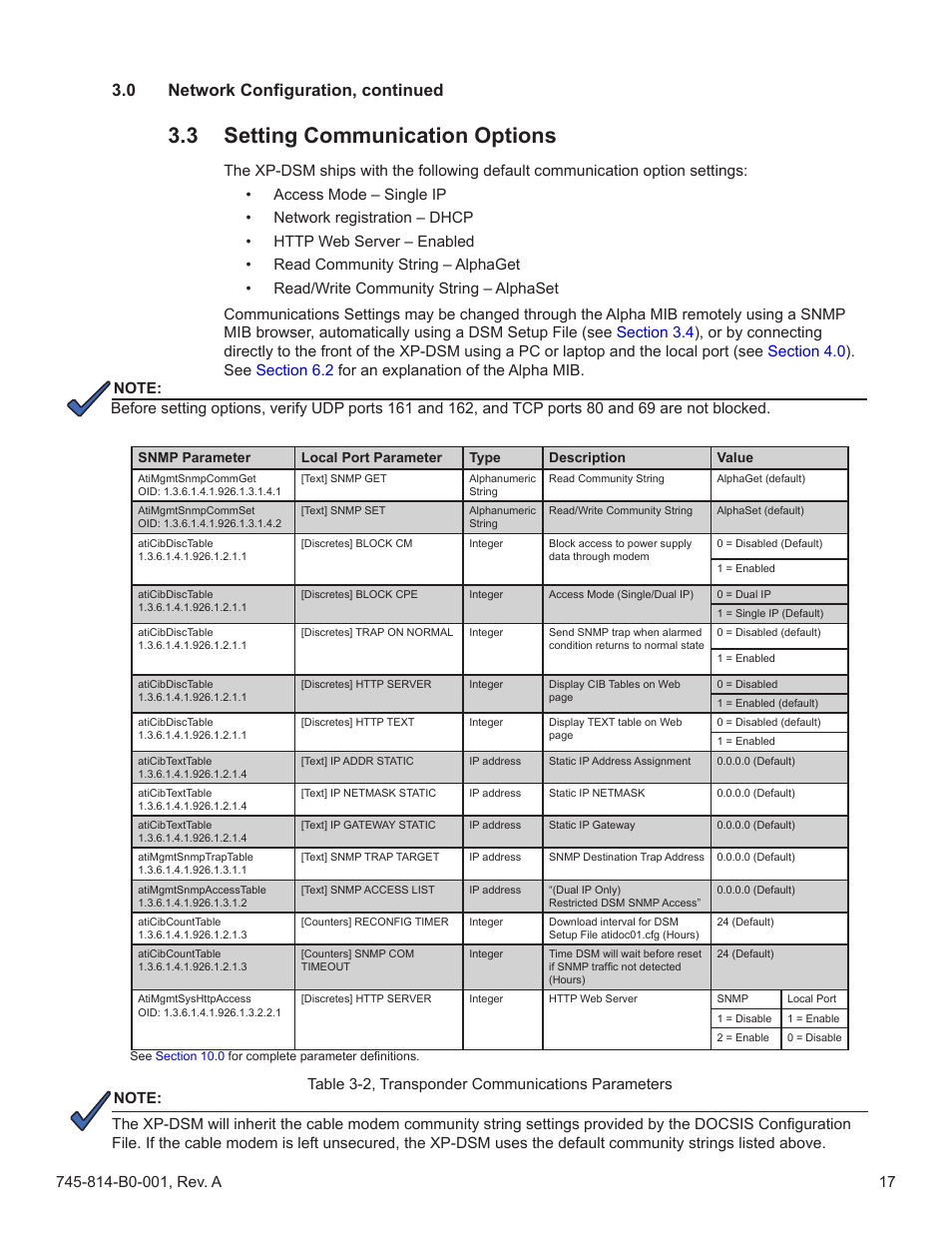 3 setting communication options, Setting communication options, Table 3-2, transponder communications parameters | Section 3.3, Or locally by plugging a computer directly, Runs on its default settings (see, Alpha mib for the transponder, 0 network configuration, continued | Alpha Technologies AlphaNet DSM Series DOCSIS User Manual | Page 17 / 63