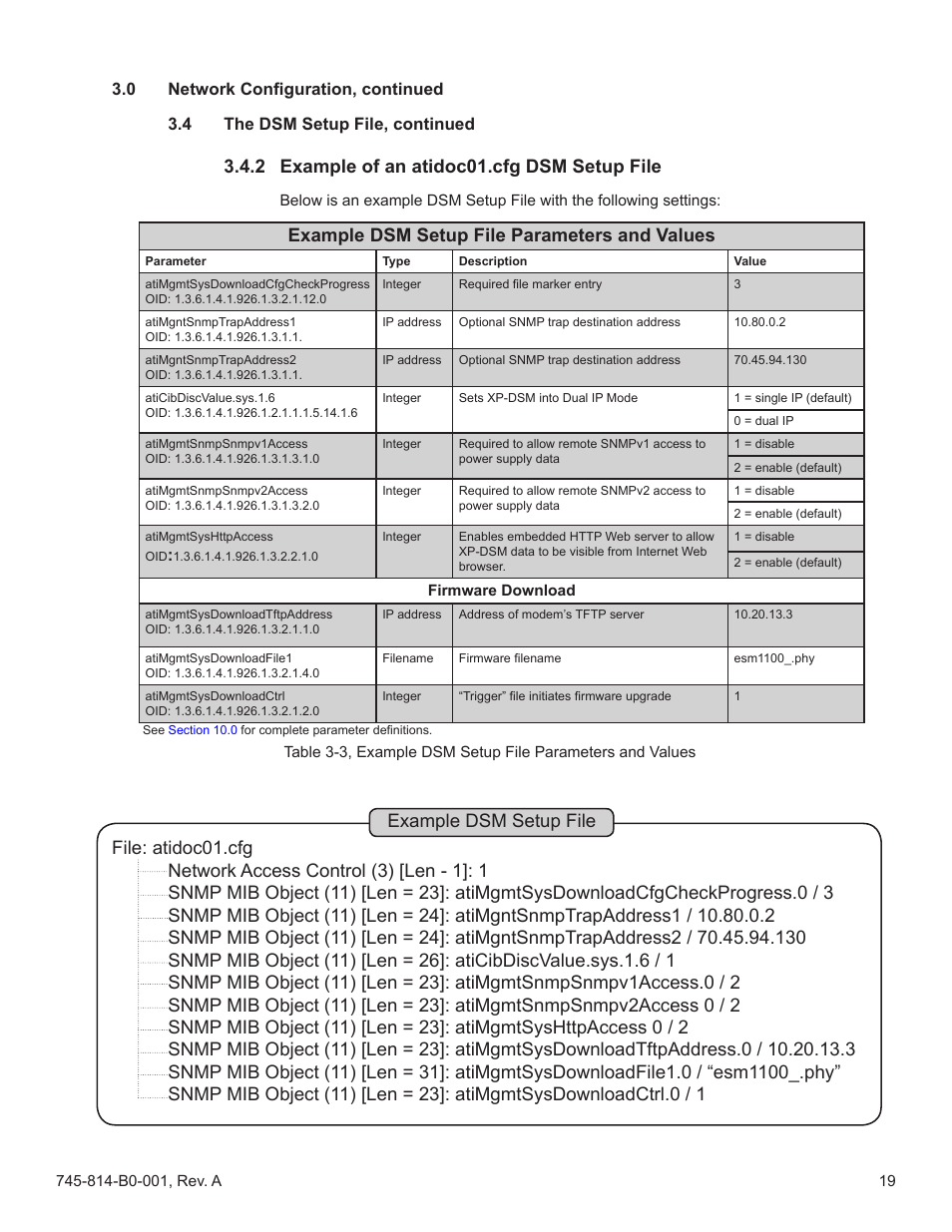 2 example of an atidoc01.cfg dsm setup file, Example dsm setup file parameters and values | Alpha Technologies AlphaNet DSM Series DOCSIS User Manual | Page 19 / 63
