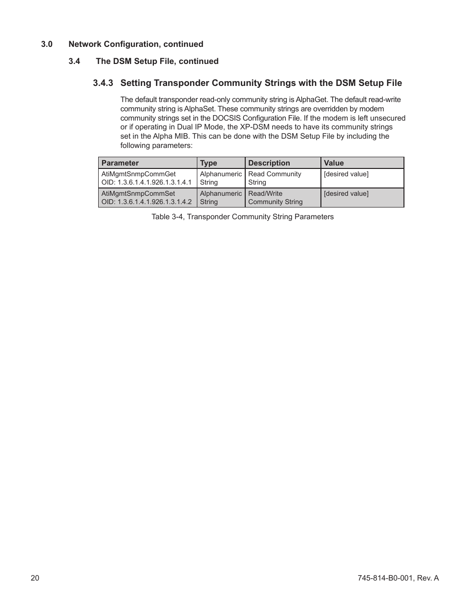 Table 3-4, transponder community string parameters | Alpha Technologies AlphaNet DSM Series DOCSIS User Manual | Page 20 / 63