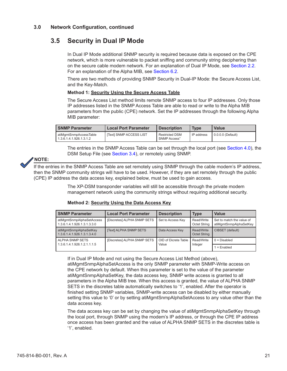 5 security in dual ip mode, Security in dual ip mode, Section 3.5 | 0 network configuration, continued | Alpha Technologies AlphaNet DSM Series DOCSIS User Manual | Page 21 / 63