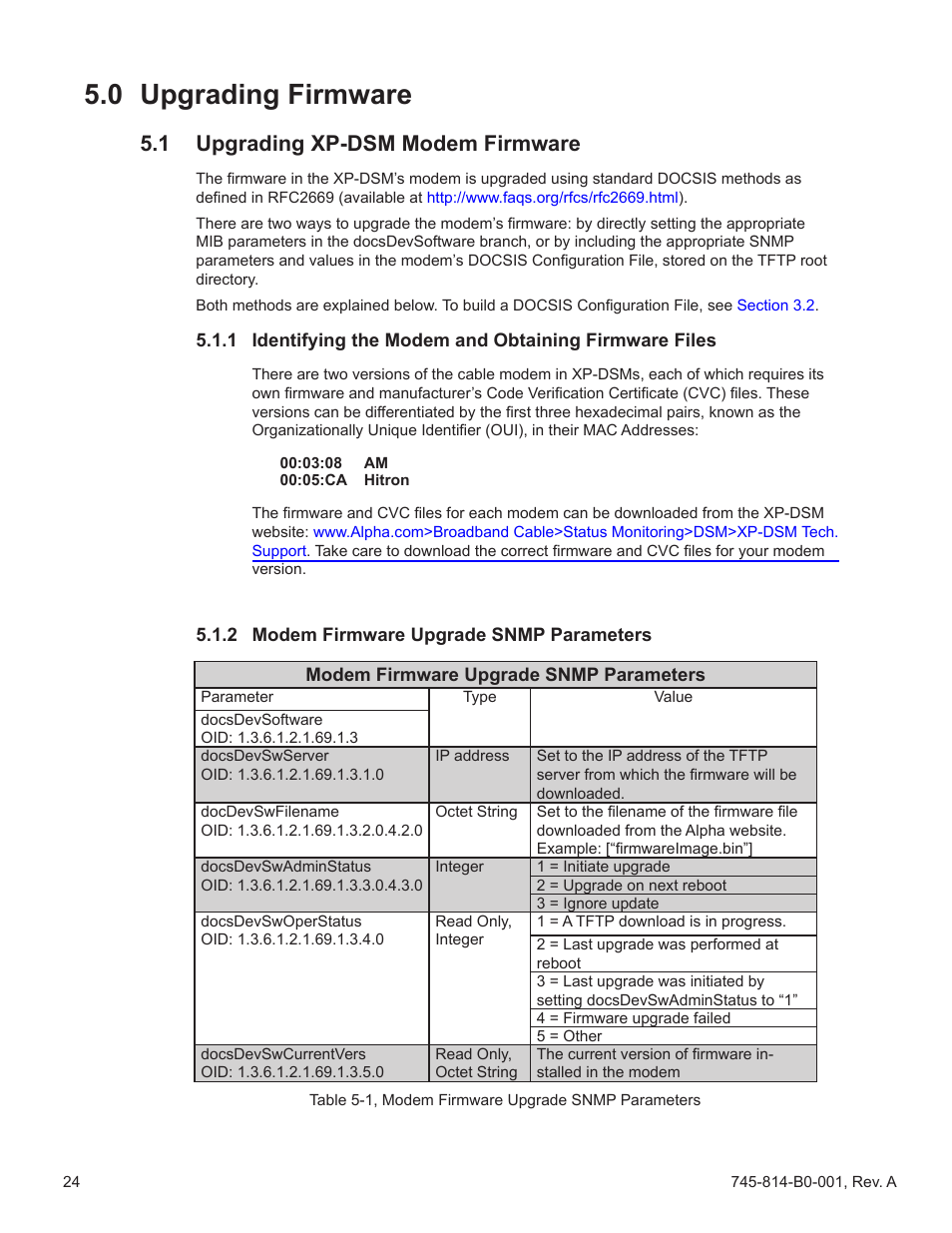 0 upgrading firmware, 1 upgrading xp-dsm modem firmware, 2 modem firmware upgrade snmp parameters | Upgrading firmware 5.1, Table 5-1, modem firmware upgrade snmp parameters, Section 5.1 | Alpha Technologies AlphaNet DSM Series DOCSIS User Manual | Page 24 / 63