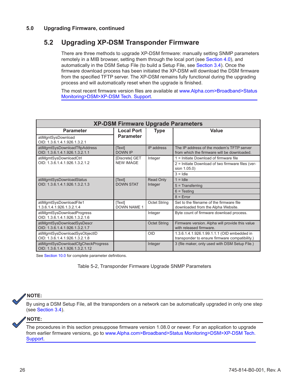 2 upgrading xp-dsm transponder firmware, Upgrading xp-dsm transponder firmware, Upgrading transponder firmware, see | Section 5.2, Xp-dsm firmware upgrade parameters, 0 upgrading firmware, continued | Alpha Technologies AlphaNet DSM Series DOCSIS User Manual | Page 26 / 63