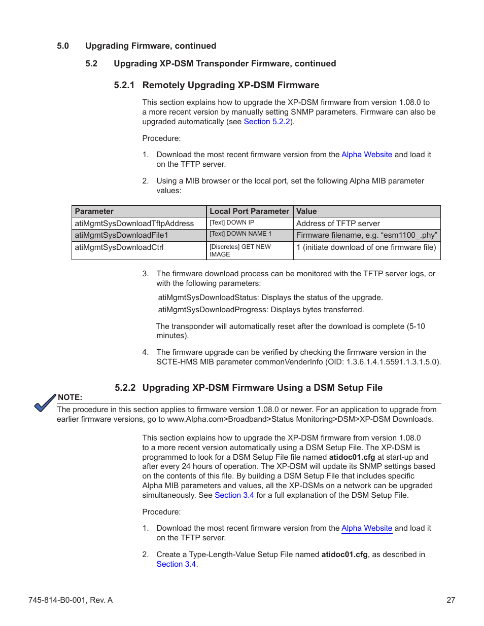 1 manually upgrading xp-dsm firmware, 2 upgrading xp-dsm firmware using a dsm setup file, 1 remotely upgrading xp-dsm firmware | Alpha Technologies AlphaNet DSM Series DOCSIS User Manual | Page 27 / 63